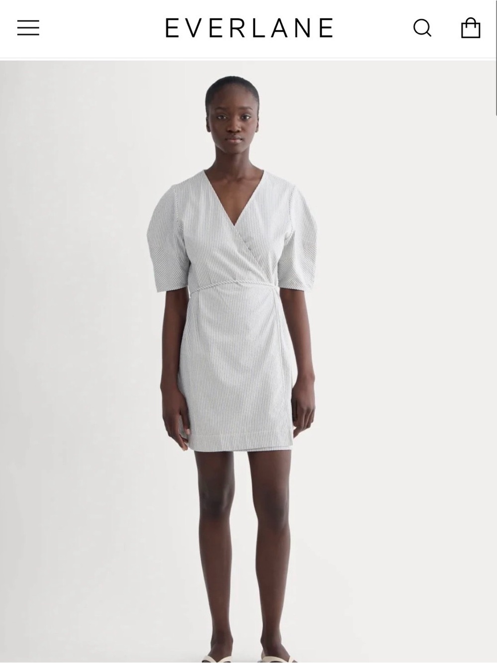 Everlane White Striped Puff-Sleeve Seersucker Dutch Blue Wrap Dress